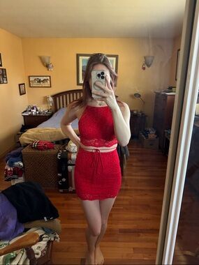 Lucy in the Sky Red Lace Halter Mini Dress with Cutout Waist